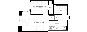 A floor plan of a house with a primary bedroom, living/dining area, kitchen, and bathroom.