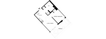 A black and white drawing of a house layout with a bath, kitchen, living/dining area, and two bedrooms.