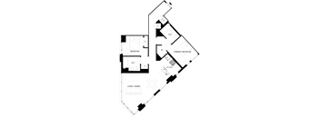 A black and white floor plan of a house with a living room, dining room, kitchen, and two bedrooms.