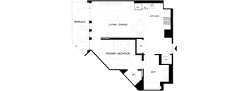 A black and white floor plan of a house with a terrace, living/dining area, kitchen, primary bedroom, bathroom, and closet.