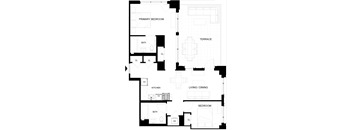 A black and white floor plan of a house with a living room, dining room, kitchen, and two bedrooms.