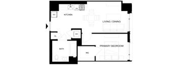A floor plan of a house with a living room, dining room, kitchen, and two bedrooms.