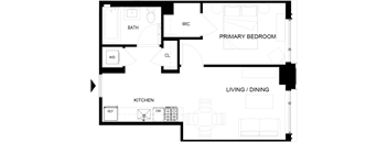 A black and white floor plan of a house with a living room, dining room, kitchen, and bathroom.