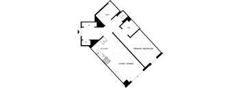 A floor plan of a house with a living room, dining room, kitchen, two bathrooms, a workshop, and a primary bedroom.