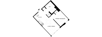 A floor plan of a home with a living/dining area, kitchen, bath, and two closets.