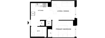 A floor plan of a house with a kitchen, living/dining area, and a primary bedroom.
