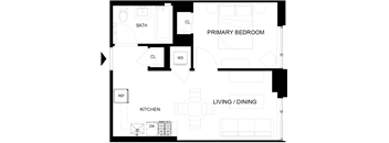 A floor plan of a small apartment with a living room, kitchen, and two bedrooms.