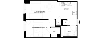 A floor plan of a house with a living room, dining room, kitchen, primary bedroom, bathroom, and a workout room.