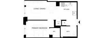 A floor plan of a house with a living/dining area, kitchen, primary bedroom, and bathroom.