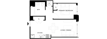 A floor plan of a small apartment with a living room, dining room, kitchen, and two bathrooms.