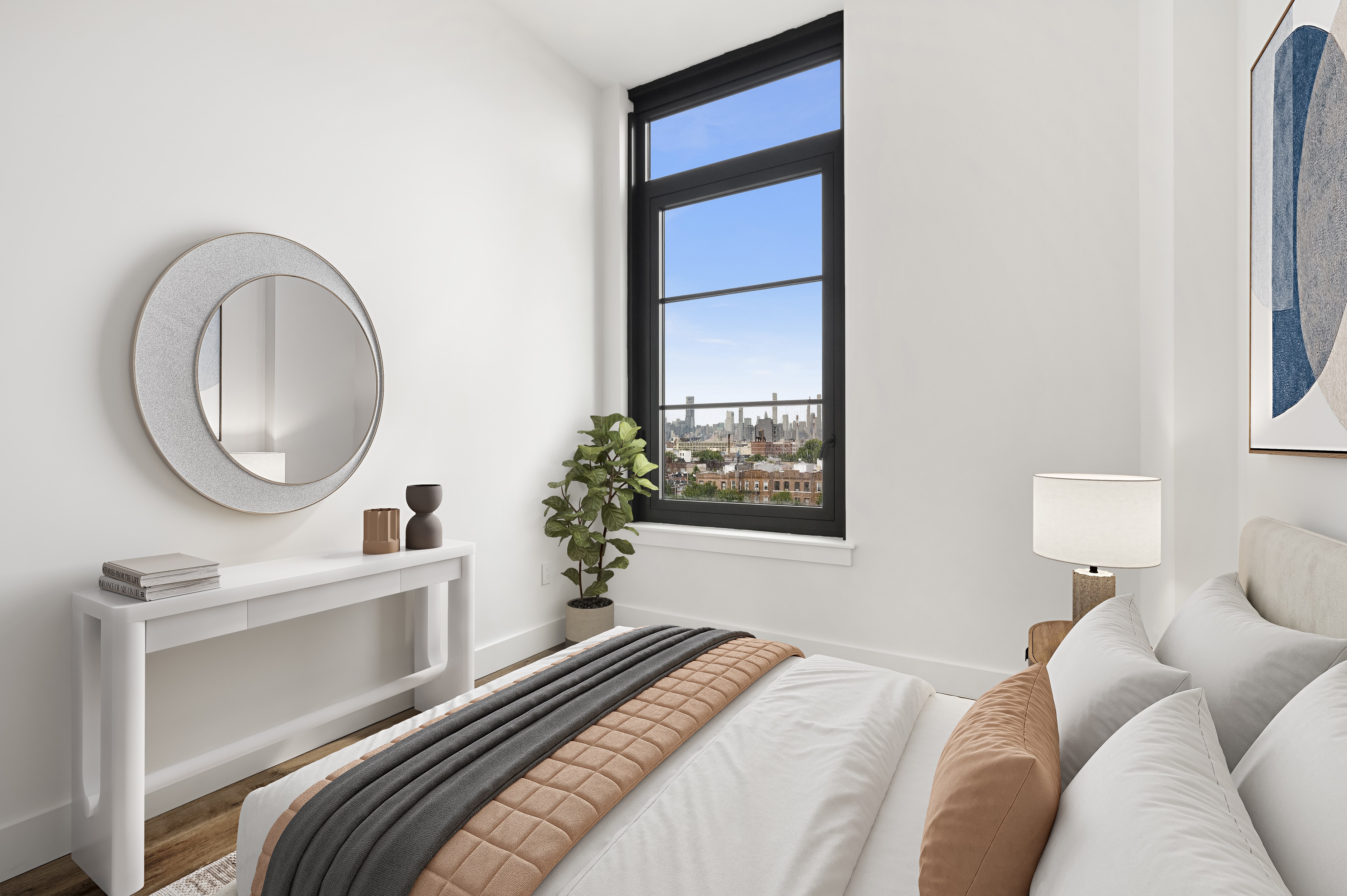 A bedroom with a large bed and a window overlooking a cityscape.