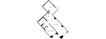 A black and white floor plan of a house with a primary bedroom, living/dining area, kitchen, bath, and foyer.
