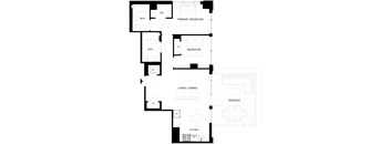 A black and white floor plan of an apartment with a living room, dining room, kitchen, and two bedrooms.
