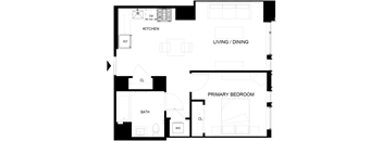A black and white floor plan of a house with a kitchen, living/dining area, primary bedroom, and bathroom.
