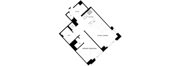 A black and white floor plan of a house with a living room, dining room, kitchen, two bedrooms, and bathroom.