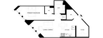 A black and white floor plan of a house with a primary bedroom, living/dining area, kitchen, and foyer.