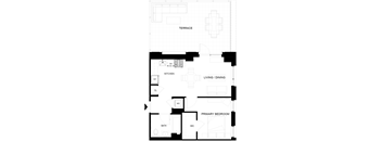 A floor plan of a house with a kitchen, living room, dining room, and primary bedroom.