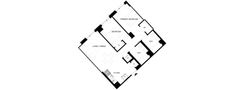 A black and white floor plan of a house with a living room, dining room, kitchen, two bedrooms, and two bathrooms.