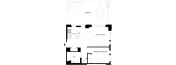 A black and white floor plan of a house with a living room, dining room, kitchen, and two bathrooms.