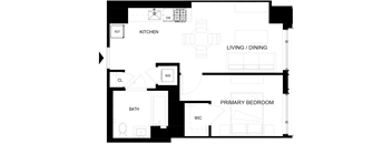 A floor plan of a house with a kitchen, living room, dining room, bathroom, and two bedrooms.