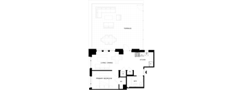 A black and white floor plan of a house with a living room, dining room, kitchen, and bathroom.