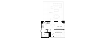 A black and white floor plan of a house with a kitchen, living room, dining room, bathroom, and primary bedroom.