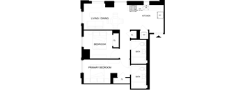 A black and white floor plan of a house with a living room, dining room, kitchen, and two bedrooms.