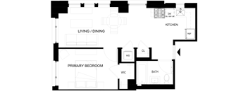 A black and white image of a floor plan for a house with a living room, dining room, kitchen, primary bedroom, bathroom, and a workout room.