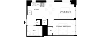 A black and white floor plan of a house with a kitchen, living/dining area, primary bedroom, and bathroom.