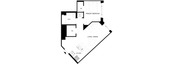 A black and white floor plan of a house with a living room, dining room, kitchen, and two bedrooms.
