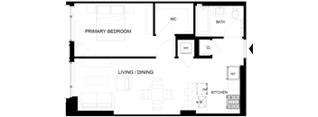 A floor plan of a house with a primary bedroom, living/dining area, kitchen, bath, and laundry room.