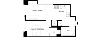 A black and white floor plan of a house with a living/dining area, kitchen, primary bedroom, and bathroom.