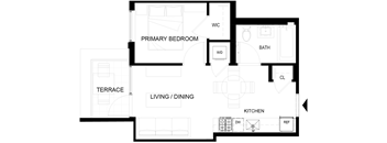 A black and white floor plan of a house with a living room, dining room, kitchen, and bathroom.