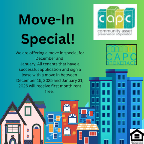 A poster advertising a move-in special for December and January with a first month rent free offer.