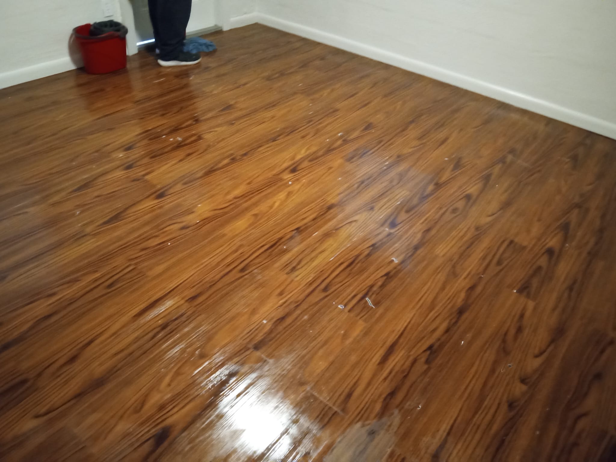 A wooden floor with a red object and a person standing in the corner.