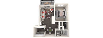 A 3D floor plan of a small apartment with a kitchen, living room, and bathroom.
