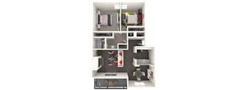 A 3D floor plan of a small apartment with a kitchen, living room, and bathroom.