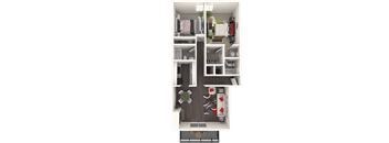 A top-down view of a small apartment with a kitchen, living room, and bathroom.