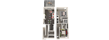 A 3D floor plan of a house with a living room, kitchen, dining area, and bedrooms.