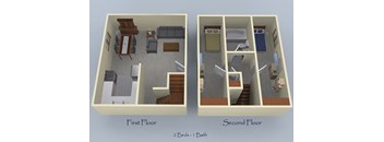 2 Bedroom 1 Bathroom Townhouse Floorplan at I Street Apartments, Davis, CA