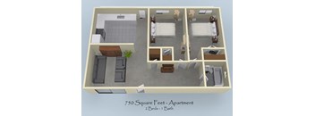 2 Bedroom 1 Bath Floorplan at University Square Apartments, Davis