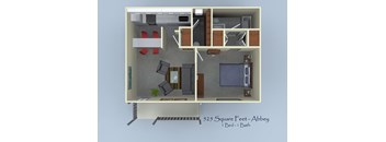 A 3D floor plan of a 525 square feet abbey with one bed and one bath.