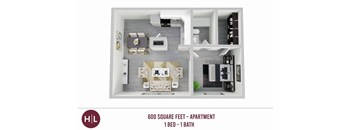 A 600 square foot apartment with one bed and one bath is displayed.