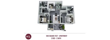 A floor plan of a 946 square foot apartment with two bedrooms and two bathrooms.