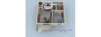 A 3D floor plan of a 720 square feet Camden apartment with one bed and one bath.