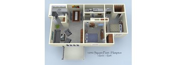 A 1050 square feet Hampton style house plan with 2 bedrooms and 1 bathroom.