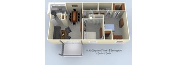 A 3D floor plan of a 1150 square feet Harrington apartment with 2 bedrooms and 2 bathrooms.
