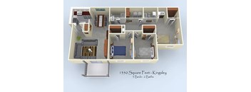 A 3D floor plan of a 1350 square feet Kingsley property with 3 bedrooms and 2 bathrooms.