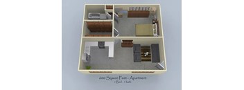 A 3D floor plan of a 600 square feet apartment with one bed and one bath.