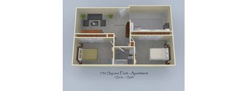 A 750 square foot apartment with two beds and one bath.